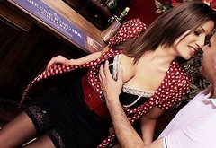 Beauty in a blouse and stockings lets the bartender fuck her