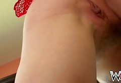 Trashy redhead bitch Tatiana Kush drills her butt hole with a glass dildo