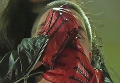 Intense Beautiful Red Leather Gloves over Mouth