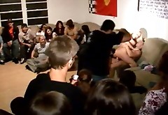 Slutty brunette teen blows big cock at hard orgy fuck fest