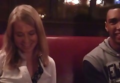 Kinky blond chick sucks dick under the table in a restaurant