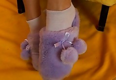 Pretty teen in socks dildo fucks pussy in doggy style position