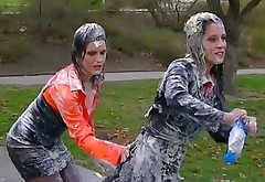 Wild, wet and messy lesbian action in the park