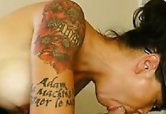 tattooed Dana stuffs his fat cock deep into her MILF throat