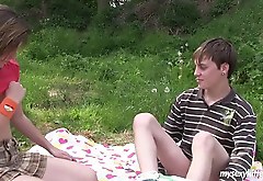 Teen Bella gets pussy fucked and jizzed outdoors