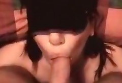 Blindfolded amateur slag sucks dick deepthroat and then gets fat facial cumshot