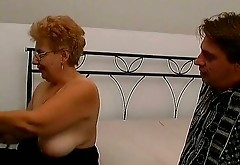 Four eyed hefty granny gives head and gets fucked from behind