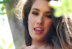 Jaw dropping sexy brunette Eva Lovia strips to masturbate outdoors for orgasm