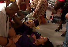 Horn made busty chics give blowjob and get banged hard in group sex orgy