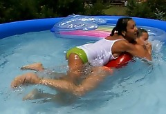 Nasty brunette teens are having crazy sex fun in pool