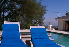 Skanky babes fuck on deck chair outdoor by the poolside