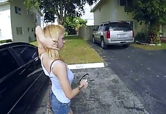 Dirty-minded blonde chick starts sucking dick in the car and continues at home