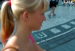 Slim hot blondie walks along the streets to seduce a man for sex