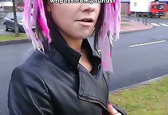 Weird looking slut with pink hair sucks strong dick in the car