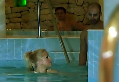 Sexy blonde hottie Sandra Mark serves all men in the pool area