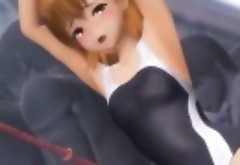 3D anime cutie shoved umbrella sticks in her ass and pussy