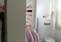 Horny dark haired lesbians take dirty shower fingering each others' cunts