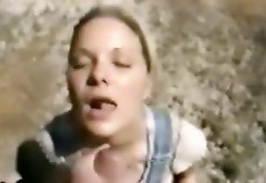 Blonde girlfriend with lovely big tits sucks dick outdoors