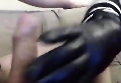 Female with rubber gloves for handjob cumshot