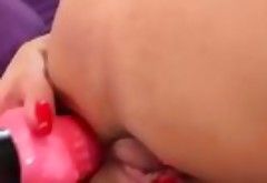 European teen enjoys speculum and rams in thick toy in vagina