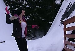 Stupid brunette how masturbates with fingers in snowy weather outdoors