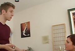 Hot brunette goes to dude's house to babysit and fucks him