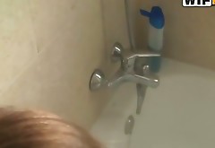 Feverish guy doggy fucks his leggy brunette sex pot in bathroom hard
