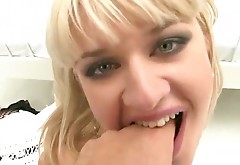 Blond hungry tramp in black fishnets got doggy fucked after hard deep throat