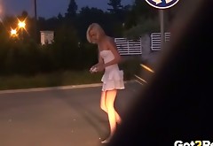 Long legged blond hooker in white mini dress pissed on crossroad