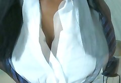 Black horny busty gal lets white dude to play with her boobs to gain delight