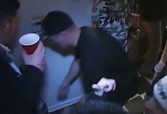 Disgusting brunette tramp blows staff penis with passion at dirty college fuck party