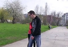 Cute teen chick Monika is riding rolls in the park with her new BF
