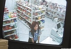 Asian supermarket attendant runs to the washroom to soak her fingers deep her wet cunt