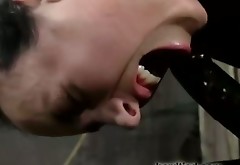 Hanging upside down submissive brunette bitch has to suck black dildo