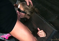 Chastity Lynn is fixed in pillory and banged in the mouth