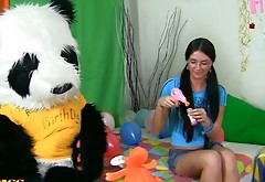 Huge stuffed animal sticks out his dick to drill birthday girl