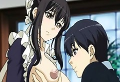 Big titted hentai maid works hard cock on top