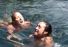 Sexy bikini sluts on a boat! Big tits sexy kissing flashing outdoor