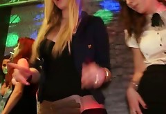 Zealous and hilarious chicks stand on kneels for sucking dicks in the club