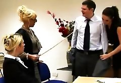 Brit girls and mif strip CFNM guy in office
