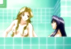 Lesbian anime coeds group sex in the bathroom