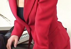 Sexy girl Rena Kouzaki stroking cock on her office desk
