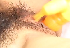 Emotional busty and pallid brunette gets her too hairy pussy drilled with a dildo