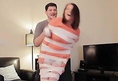 Girlfriend does the mummy duct tape challenge