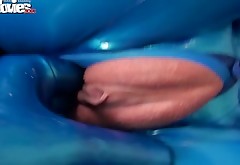 Crazy couple in their tight and blue leather costume having sex