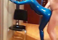 Doggystyle sex with my wife in blue latex catsuit