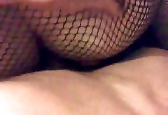 Hot redhair girl in fishnet does blowjob & gets fucked