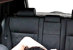 Dark haired amateur blowjob and handjob in fake taxi