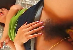 Extremely hairy cunt of Japanese whore Maiko pleased with vibrator