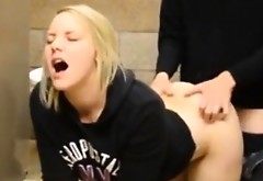Fucking a sexy blonde babe in a public WC